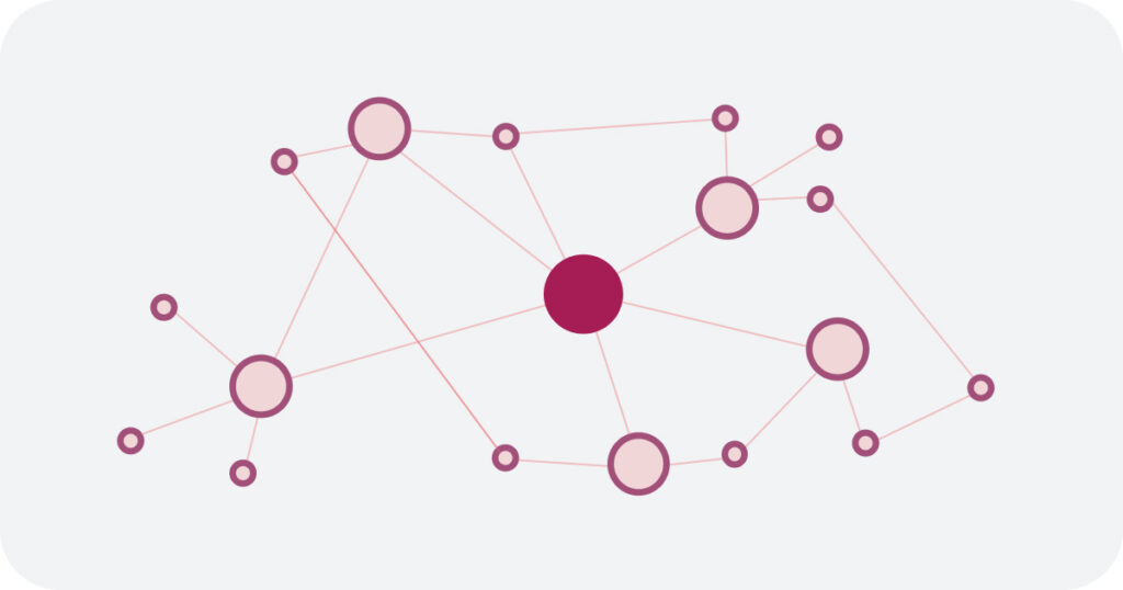 A simple diagram representing a relationship network map, with blue circles surrounding and connected to a white circle in the middle.
