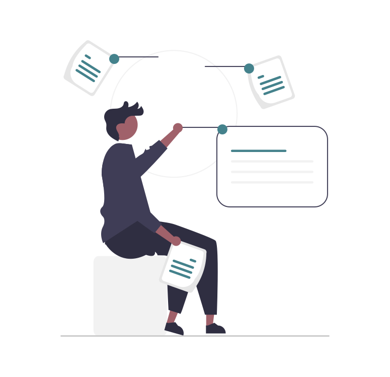  Illustration showing a person sitting down and interacting with messages in a user interface.