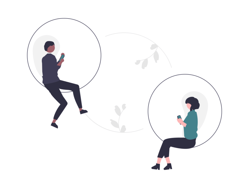  Illustration of two people sitting in separate spaces, holding hands.