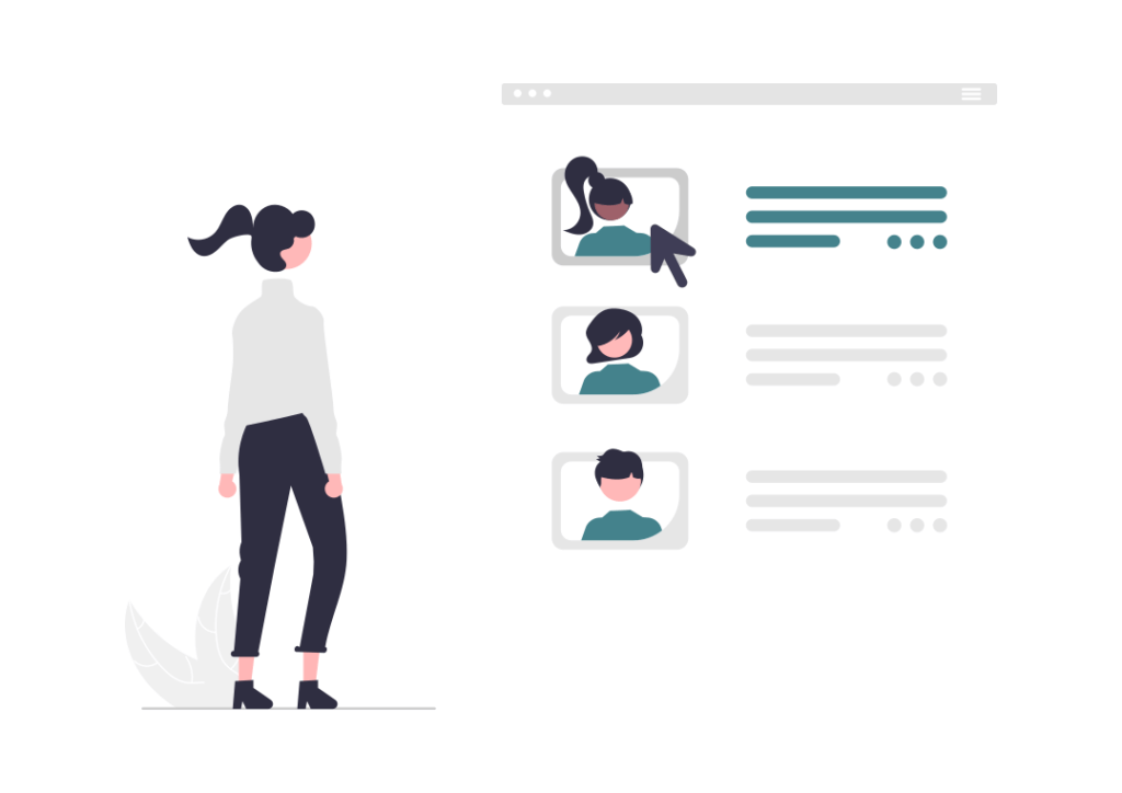 Graphic showing a woman looking at a user interface that shows three people’s profiles.