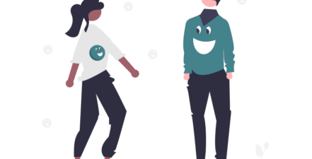 Illustration of man and woman with smiley faces.
