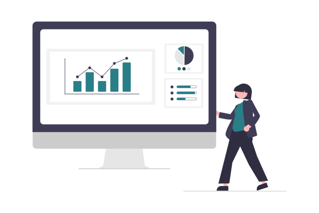 Illustration of woman with screen and charts indicating stakeholder management