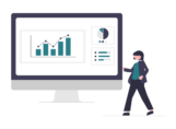 Illustration of woman with screen and charts indicating stakeholder management