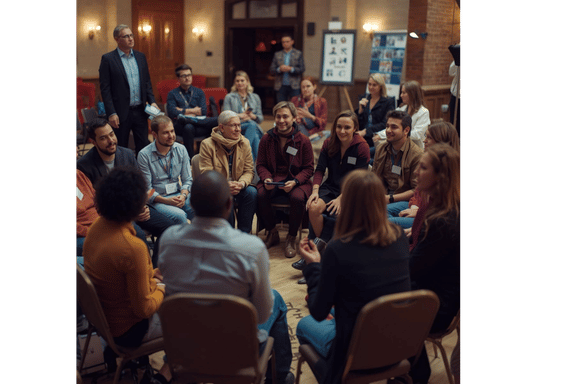 AI generated image of a group of people meeting in a hall having a discussion